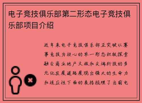 电子竞技俱乐部第二形态电子竞技俱乐部项目介绍